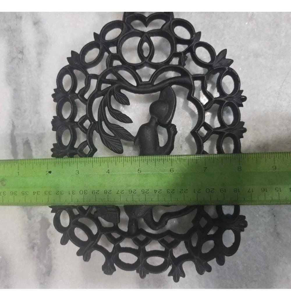 Virginia Metalcrafters Cast Iron Trivet, Vintage Girl Playing Ball W/ Dog Design